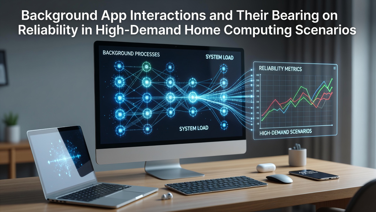 Diagram showing background applications interacting with system resources in a multi-device home computing setup