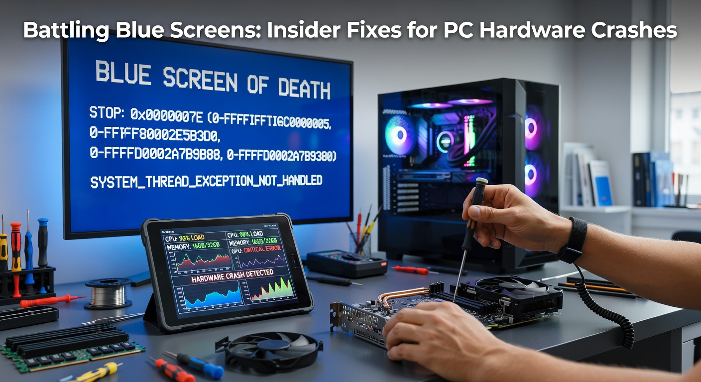 A close-up view of a Windows Blue Screen of Death error message displaying critical hardware failure codes on a desktop monitor, with diagnostic details visible in the background