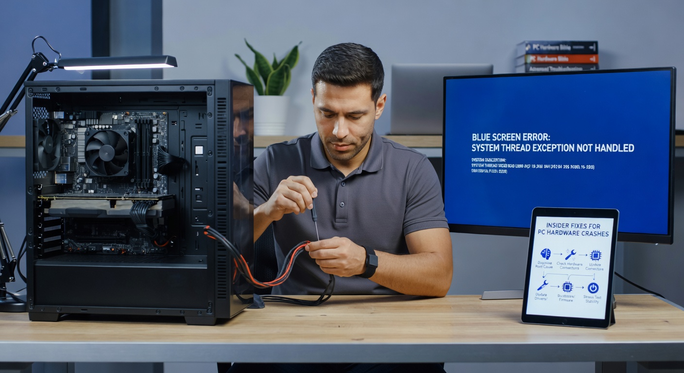 Technician hands carefully reseating a RAM module into a desktop motherboard, surrounded by open PC case components including CPU cooler and cables, illustrating a common hardware troubleshooting step