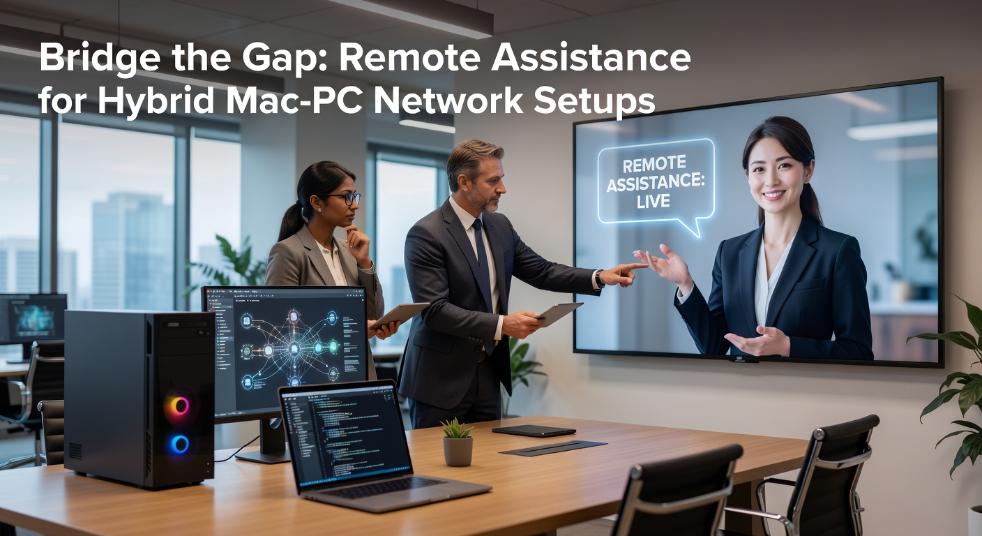 Illustration of a technician remotely accessing a split-screen Mac and PC setup over a network bridge