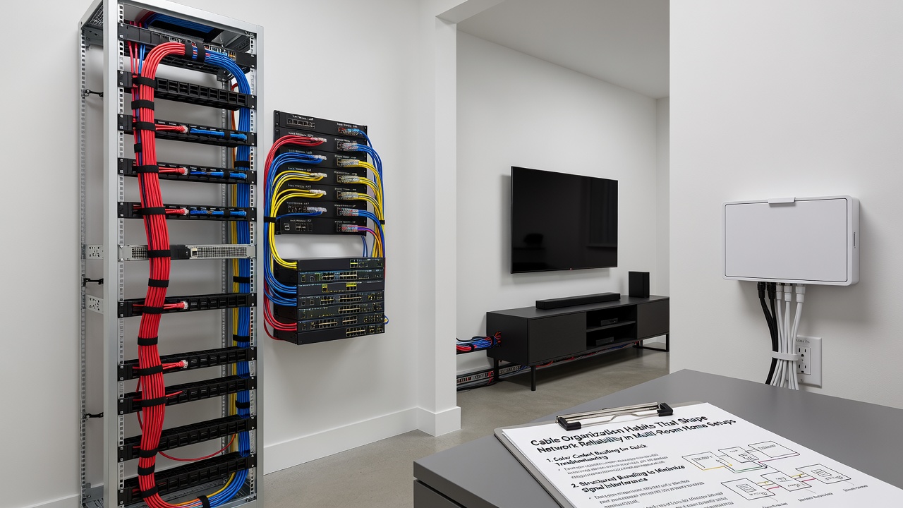 Close-up view of cable conduits and separation techniques used in distributed home network environments