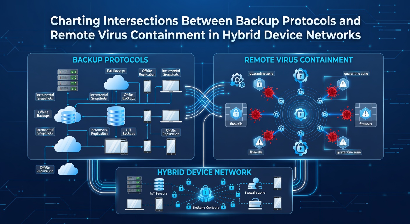 Illustration of backup servers interfacing with virus containment dashboards in a hybrid network setup during a simulated threat response