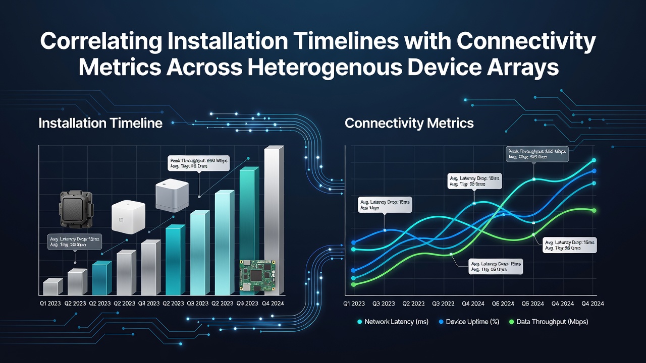 Diagram showing installation timelines plotted against connectivity metrics for mixed device networks including IoT sensors, laptops, and smartphones