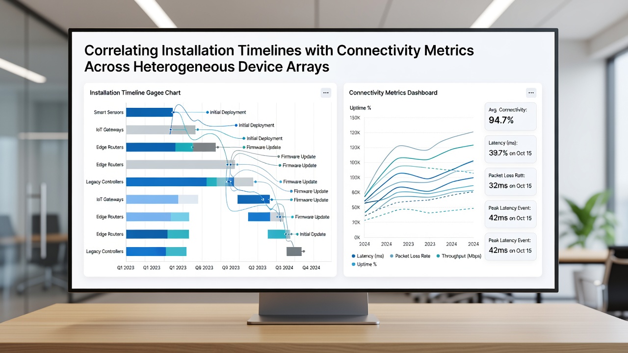 Graph displaying time-series data of installation events overlaid with connectivity performance indicators from a heterogeneous enterprise network