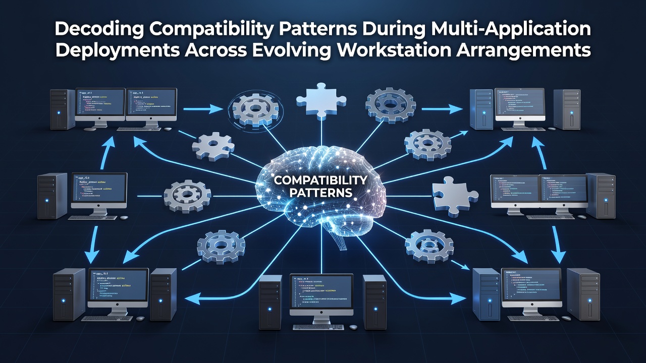 Workstation setups showing multiple applications running across different hardware configurations and network arrangements