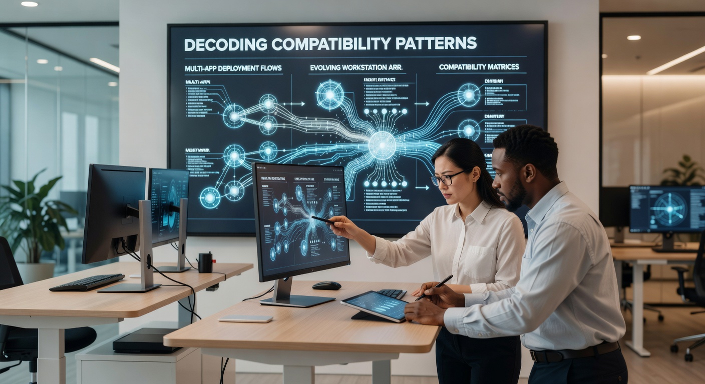 Deployment testing matrix displayed on screens with compatibility check results across evolving workstation setups