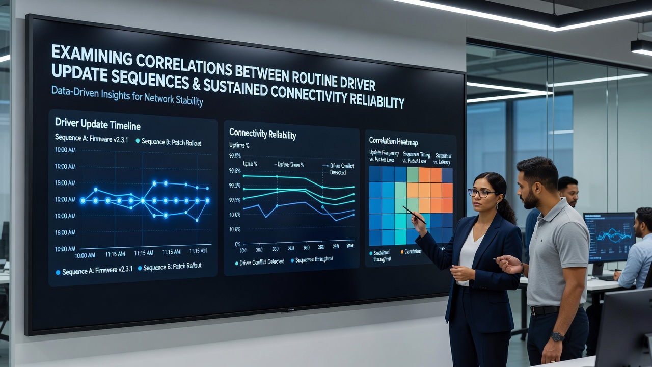 Network monitoring dashboard displaying connectivity metrics before and after coordinated driver updates in a multi-device home