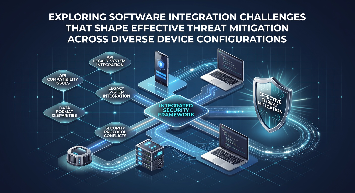 Network of connected devices showing software integration points across laptops, mobiles, and IoT sensors in a corporate environment