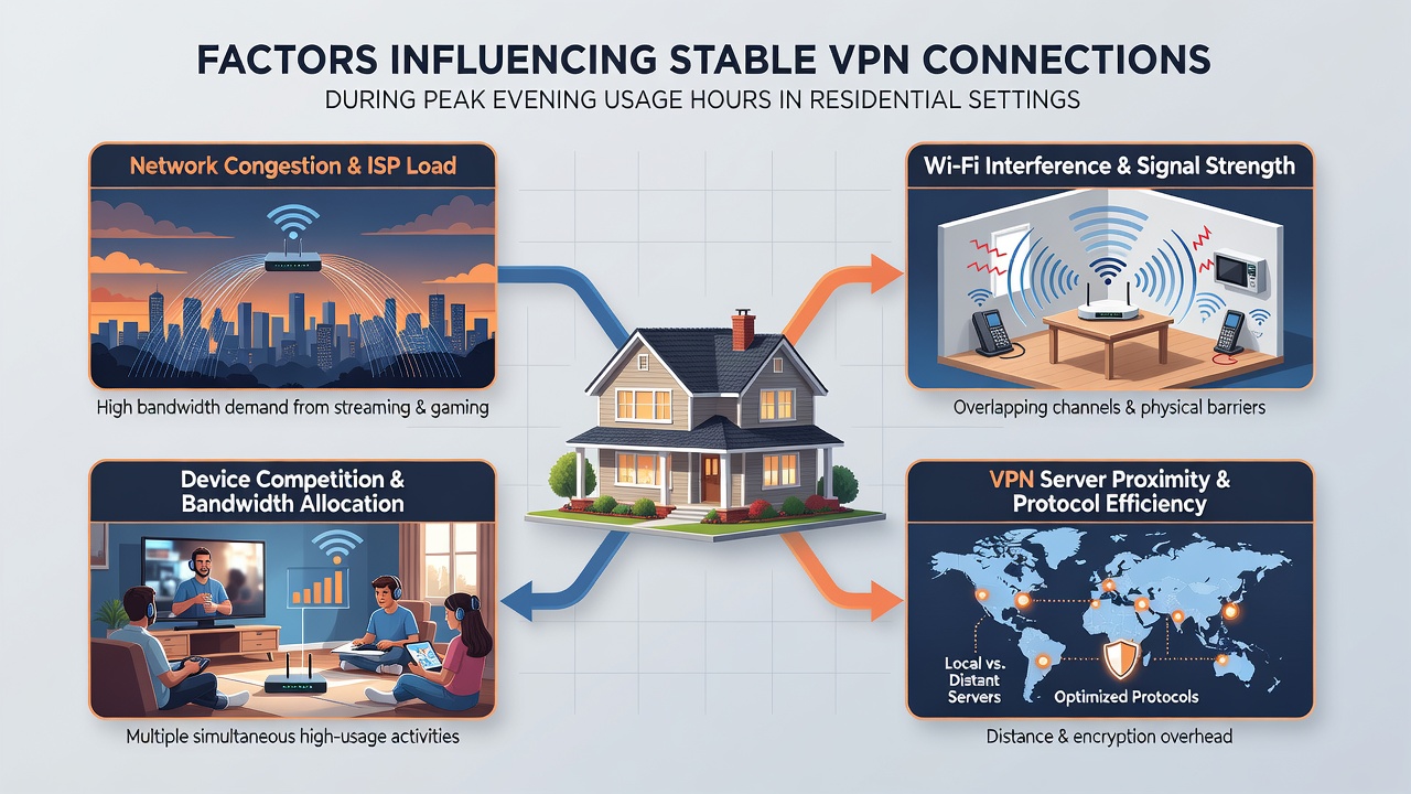 Multiple household devices streaming and working simultaneously affecting VPN stability during peak hours
