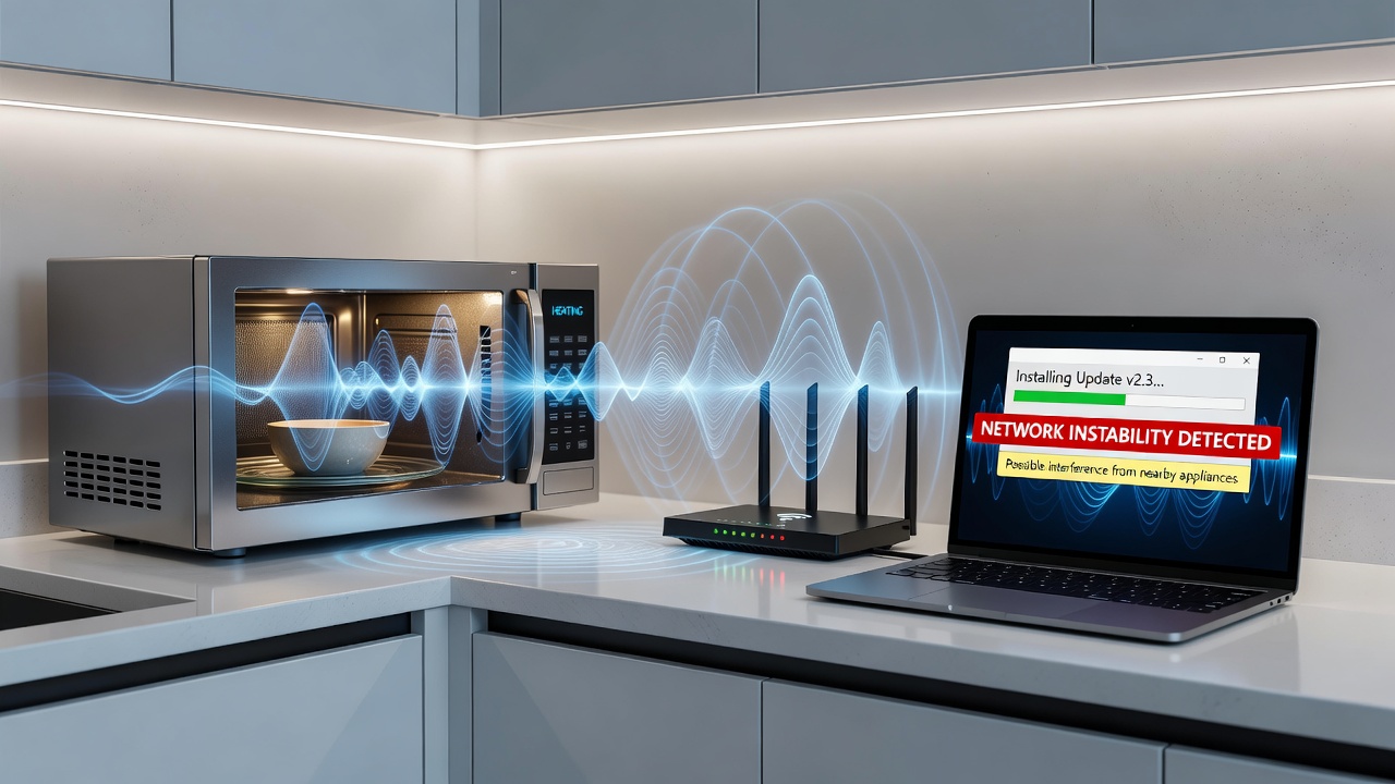 Microwave oven positioned near a wireless router in a typical home kitchen setup, illustrating potential electromagnetic interference sources