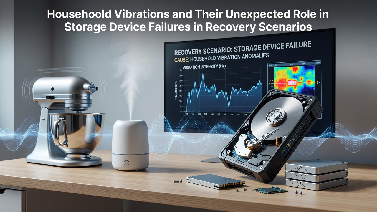 Diagram showing common household vibration sources impacting hard disk drives and solid state storage units
