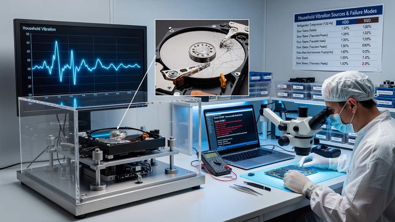 Technician examining vibration-damaged hard drive components during a data recovery process