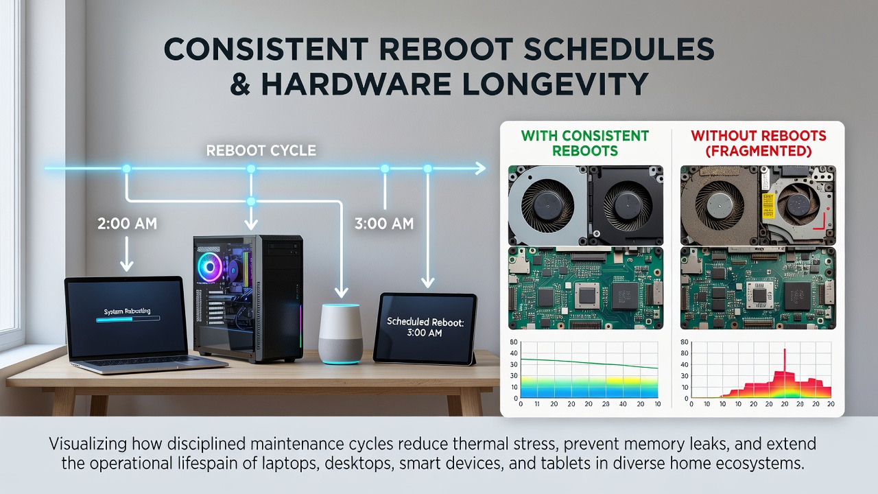Chart displaying longevity metrics for home hardware under various reboot frequency protocols