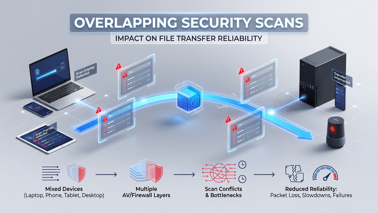 Chart illustrating increased transfer failure rates when security scans and backups run concurrently on mixed-device networks