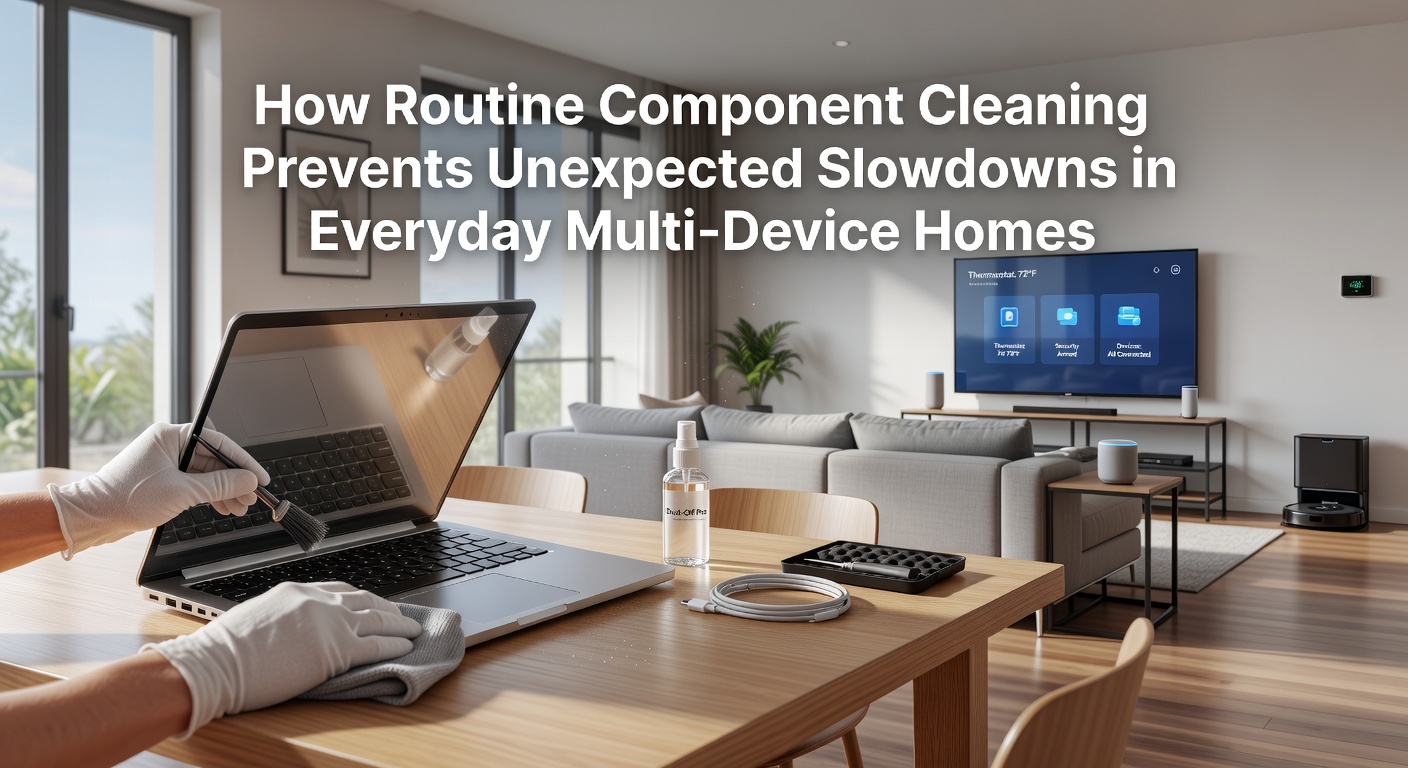 Organized workspace showing various household electronic devices including routers, laptops, and consoles with cleaning tools arranged nearby