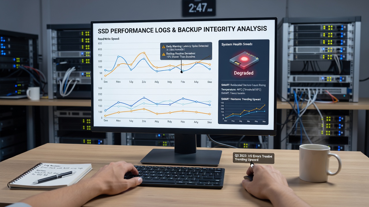 Technician reviewing SSD performance trends from backup logs on a workstation