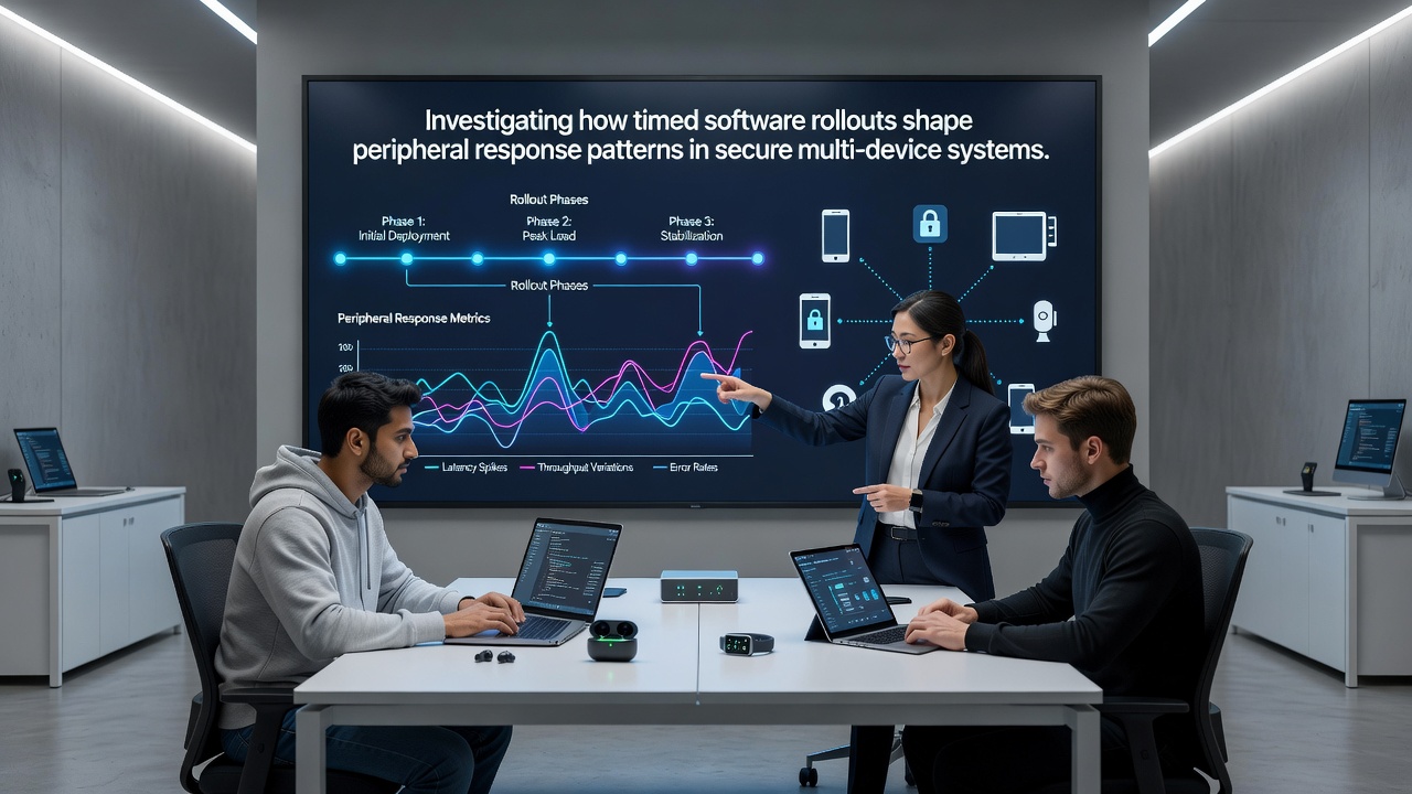 Data visualization of peripheral latency during staged software rollout in a secured home network