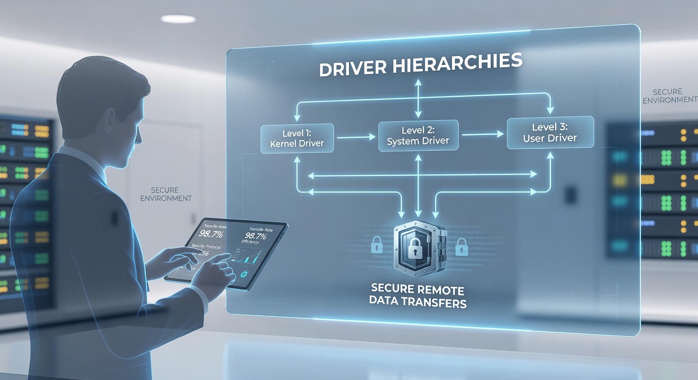 Network diagram showing secure remote transfer paths reinforced by verified driver layers and access controls