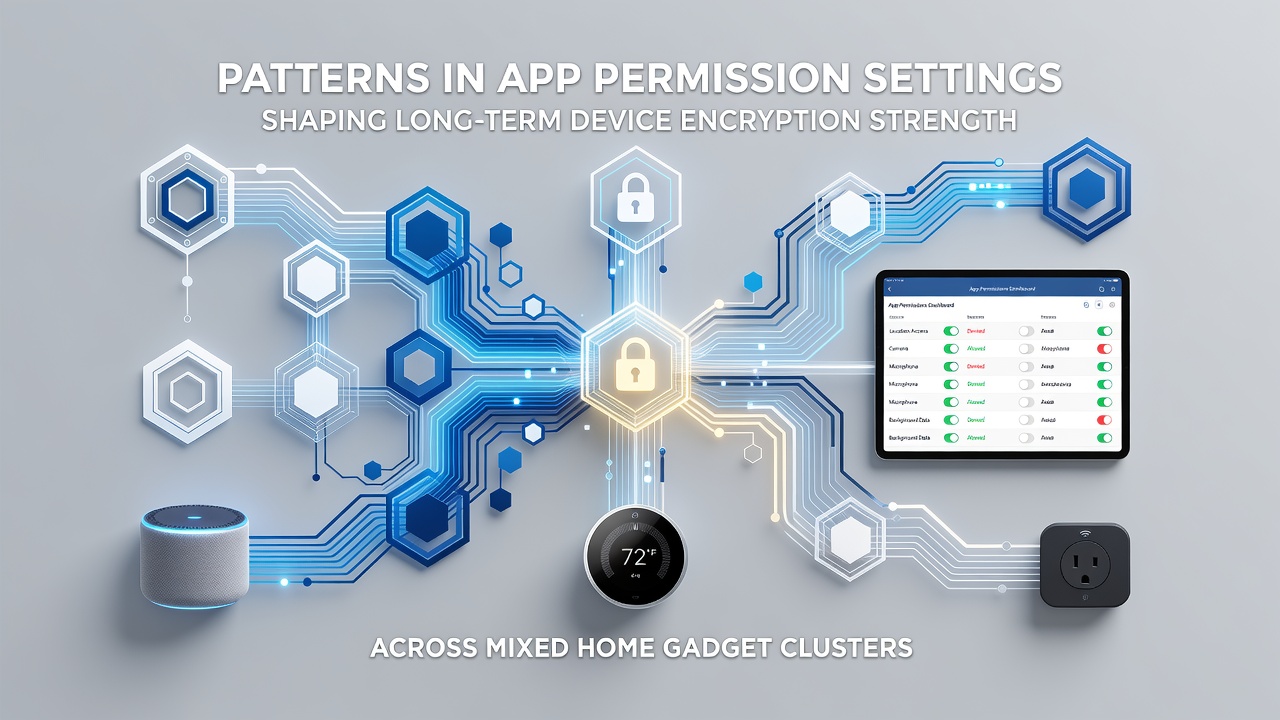 Diagram showing interconnected home devices with permission flows affecting encryption layers