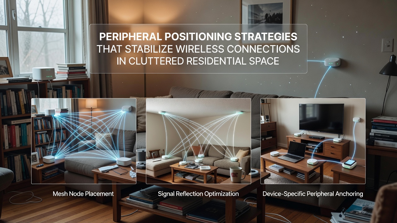 Illustration of antenna adjustments and device spacing in a multi-room residential setup