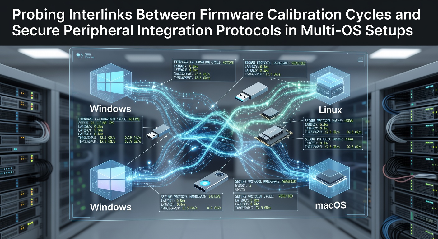 Diagram showing firmware calibration cycles interacting with secure peripheral protocols across multiple operating systems