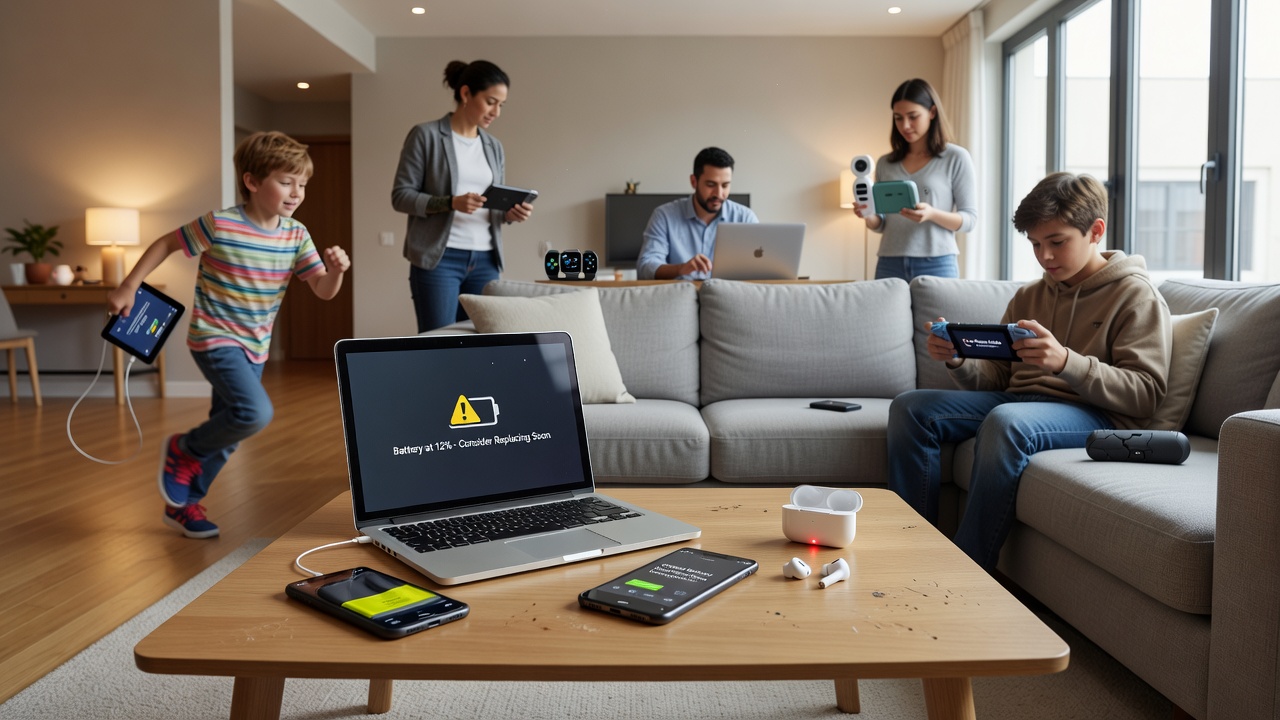 Family members interacting with multiple portable devices on a shared charging station in a home setting
