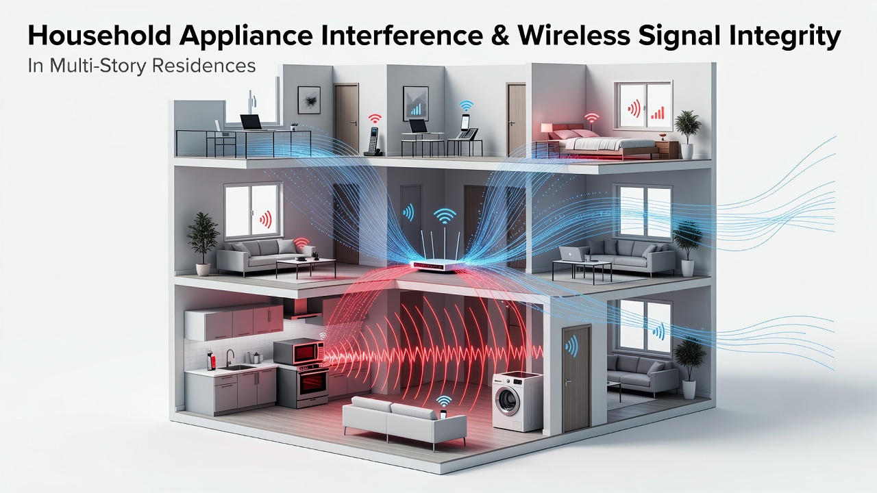 Illustration of wireless signals disrupted by household appliances across multiple floors in a residential building