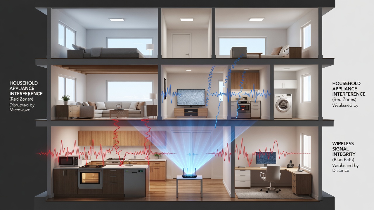 Technical diagram mapping electromagnetic interference sources and signal paths in a multi-level home