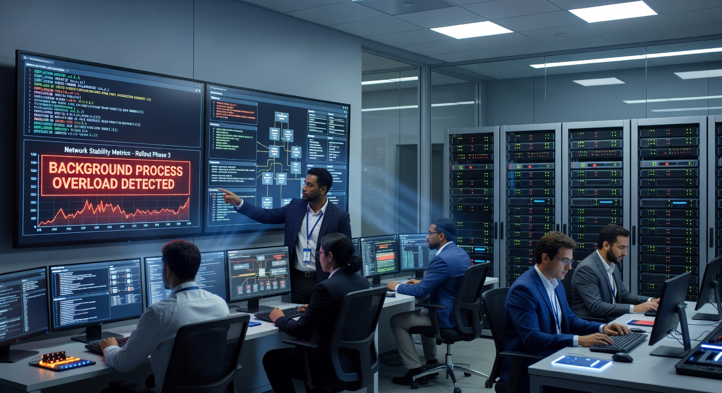 IT team reviewing network traffic logs and background process diagnostics on multiple screens