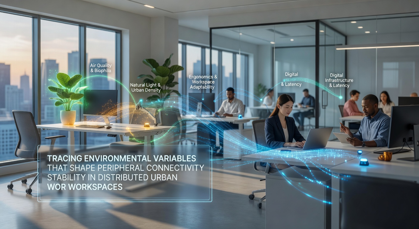 Urban workspace setup showing peripheral devices connected via wireless signals amid city buildings and environmental factors