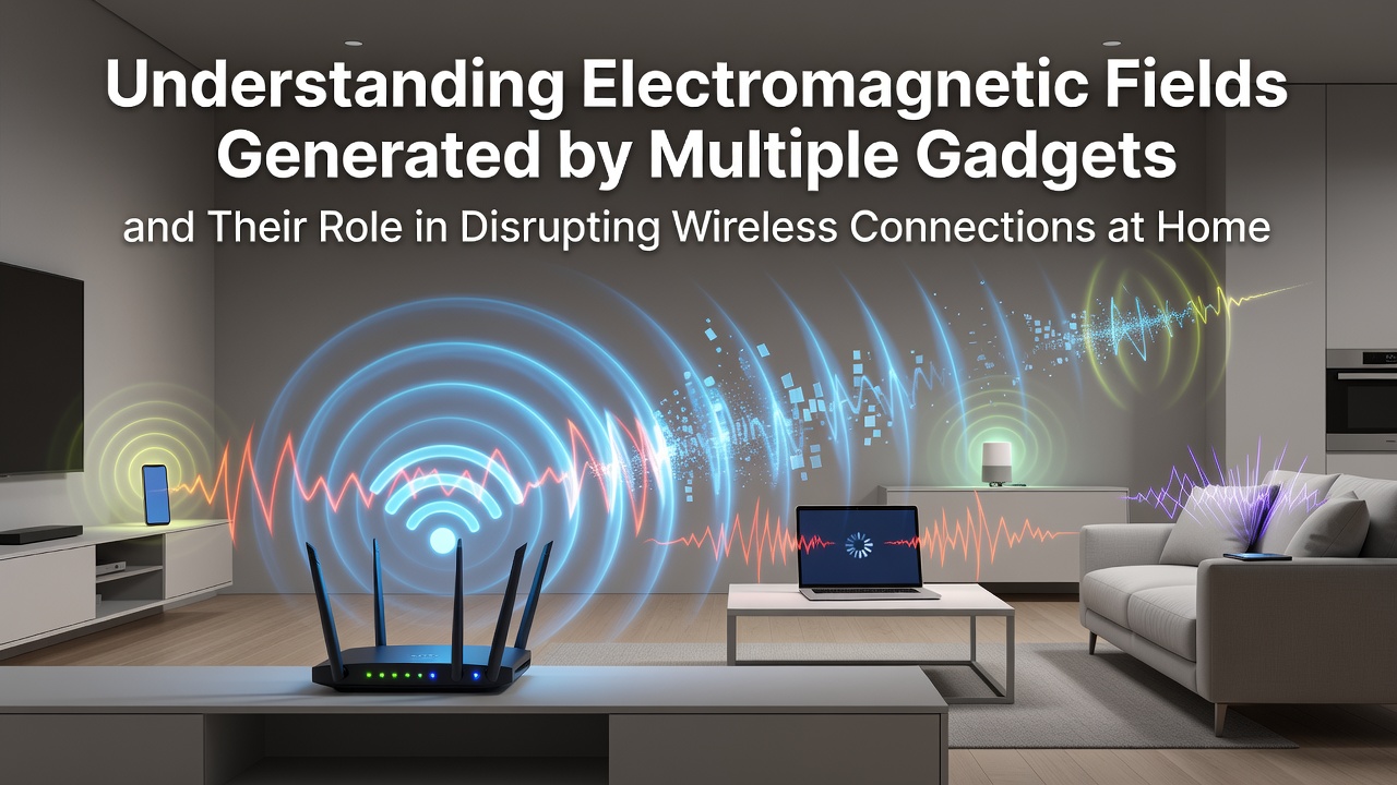 Multiple household gadgets arranged on a table emitting electromagnetic signals that may affect wireless networks