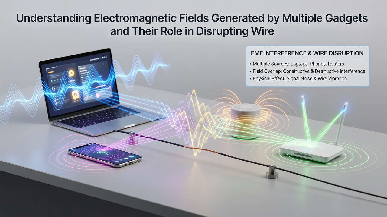 Technician using measurement equipment to assess electromagnetic activity near wireless routers and smart devices