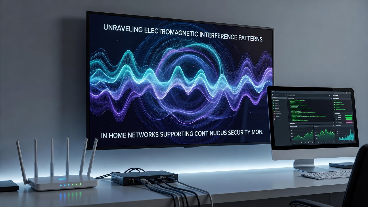 Technician using spectrum analyzer to detect EMI patterns near home security equipment