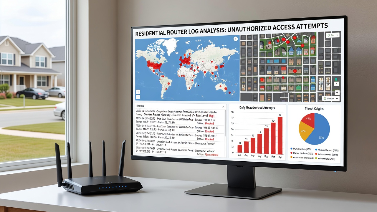 Detailed router log entries highlighting repeated unauthorized connection attempts across suburban IP ranges