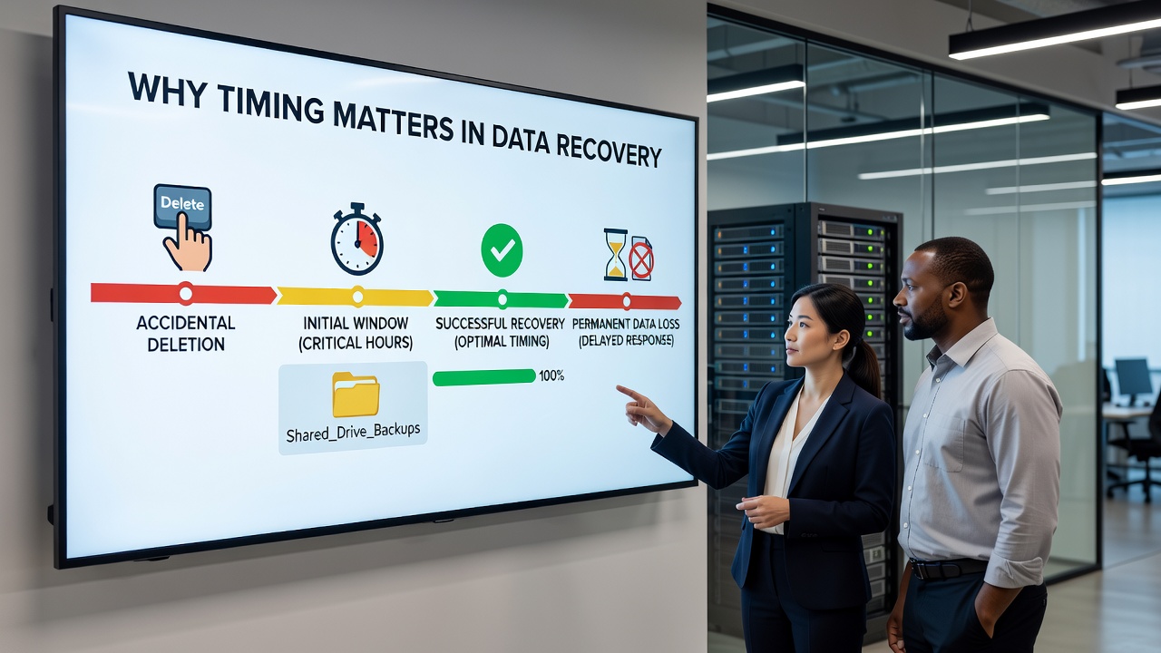 Technician using recovery software on a shared drive console during a time-sensitive operation